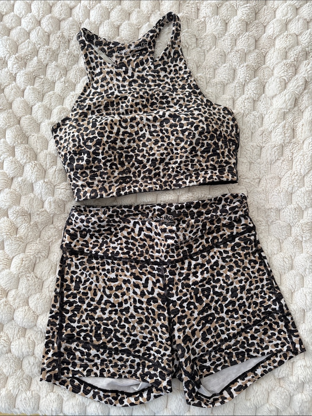 Outdoor Voices Leopard Print Racerback Sports Bra and Shorts